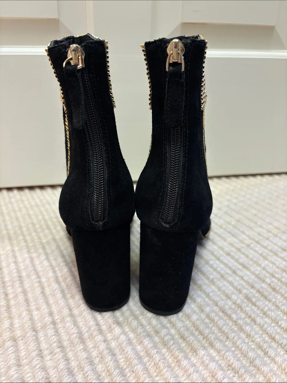 CECELIA NEW YORK demetri Black Suede Ankle Boots with Gold Sequin Trim